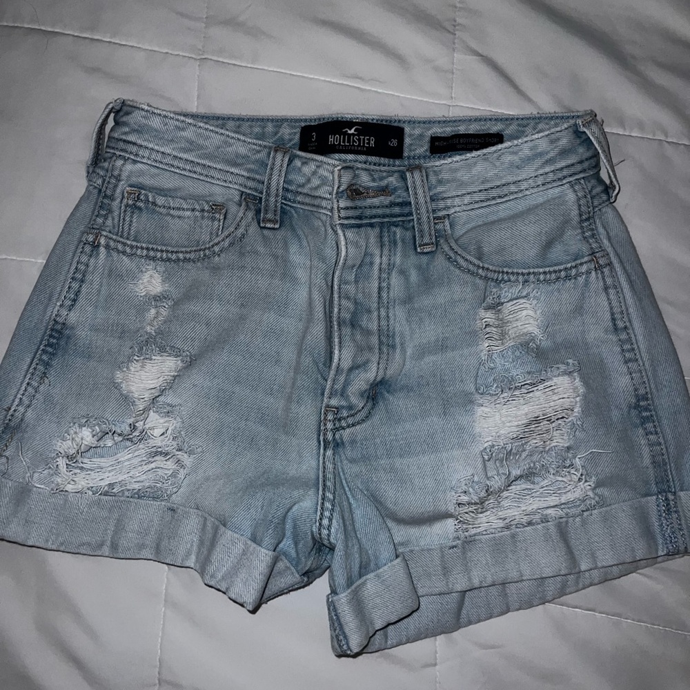Hollister Light Wash Distressed Rolled-Hem Denim Shorts